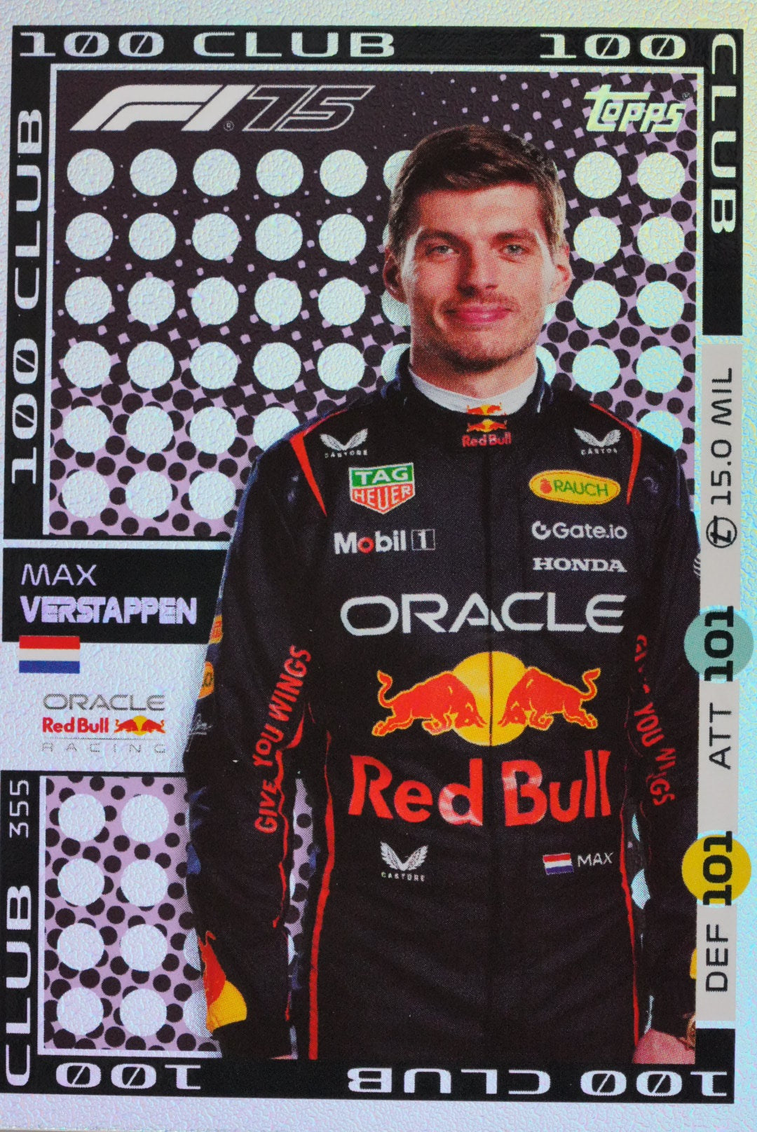 Foil texture detail on Max Verstappen 100 Club card from Turbo Attax 202