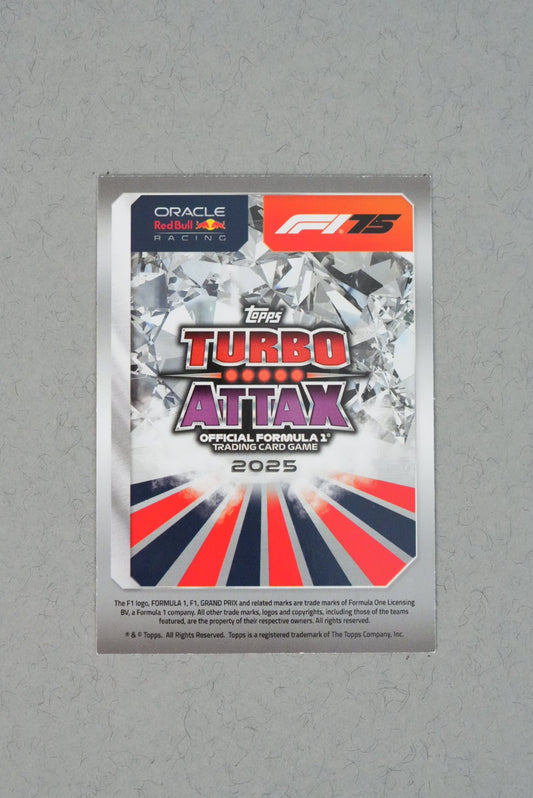 Back of 2025 Topps F1 Turbo Attax card featuring Red Bull Racing team design