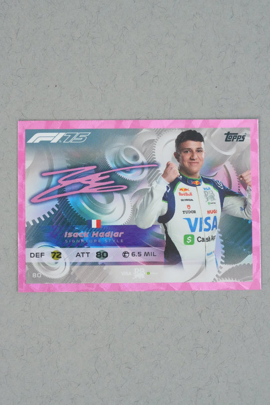 Front view of Isack Hadjar F1 Turbo Attax 2025 trading card, featuring pink holo border and digital signature