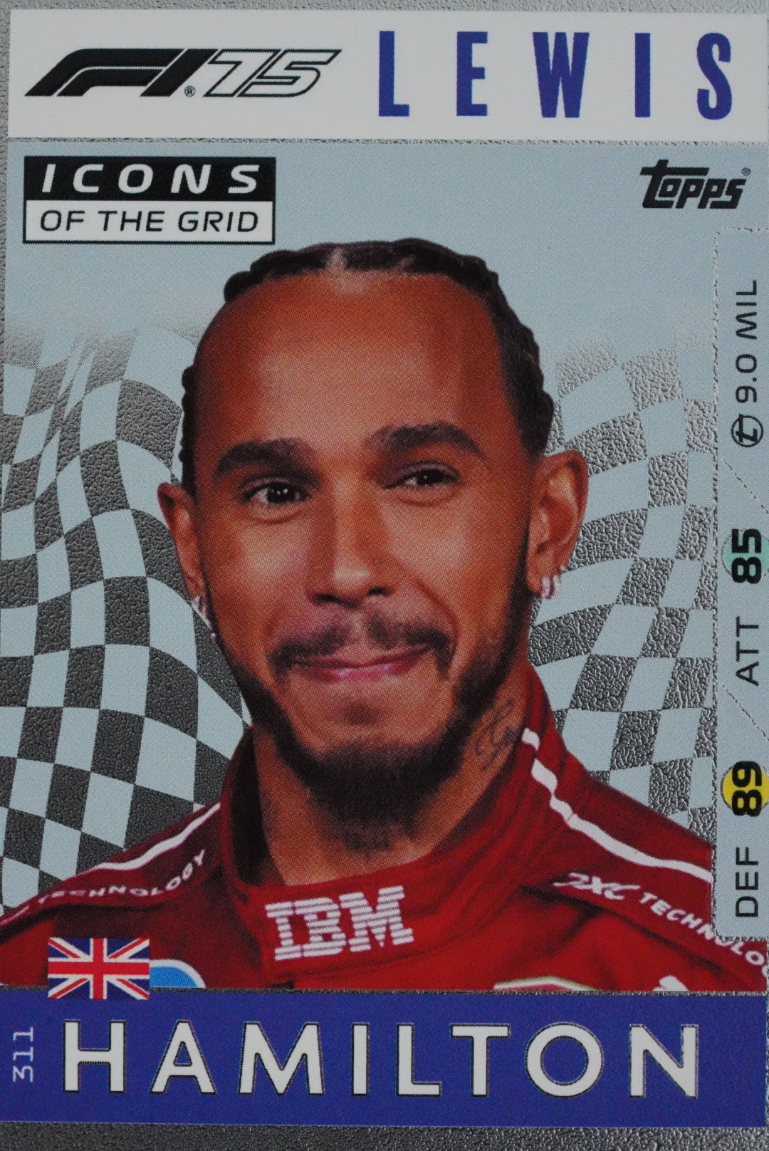 Detail of the Mirror Holo Foil effect on Hamilton’s 2025 Icon card