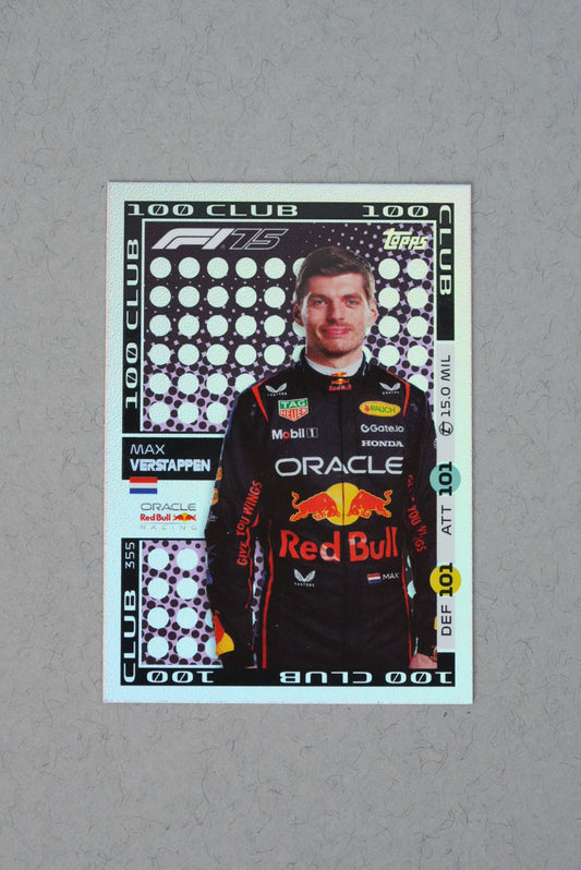 Max Verstappen 100 Club holographic foil card 355 from Topps F1 Turbo Attax 2025